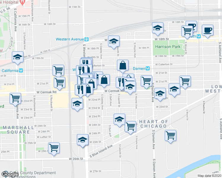 map of restaurants, bars, coffee shops, grocery stores, and more near 2241 West 21st Place in Chicago