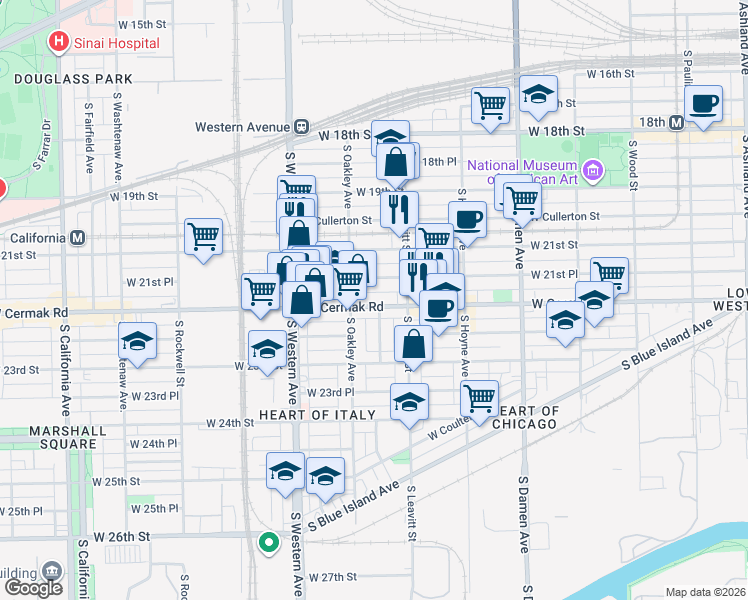 map of restaurants, bars, coffee shops, grocery stores, and more near 2241 West 21st Place in Chicago