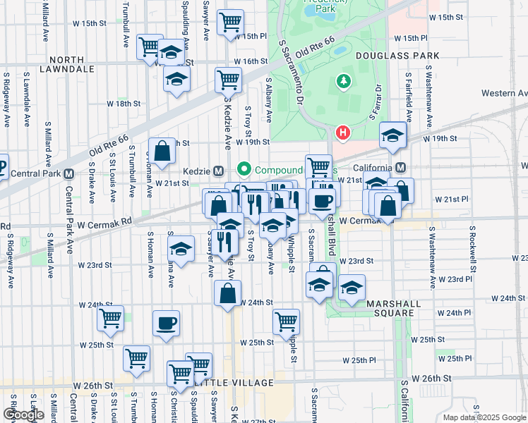 map of restaurants, bars, coffee shops, grocery stores, and more near 2117 South Troy Street in Chicago