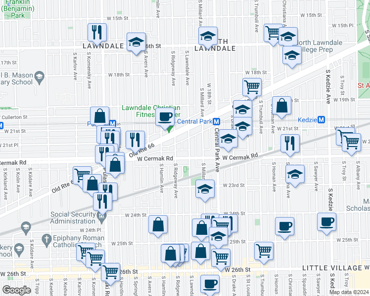 map of restaurants, bars, coffee shops, grocery stores, and more near 1811 South Ridgeway Avenue in Chicago
