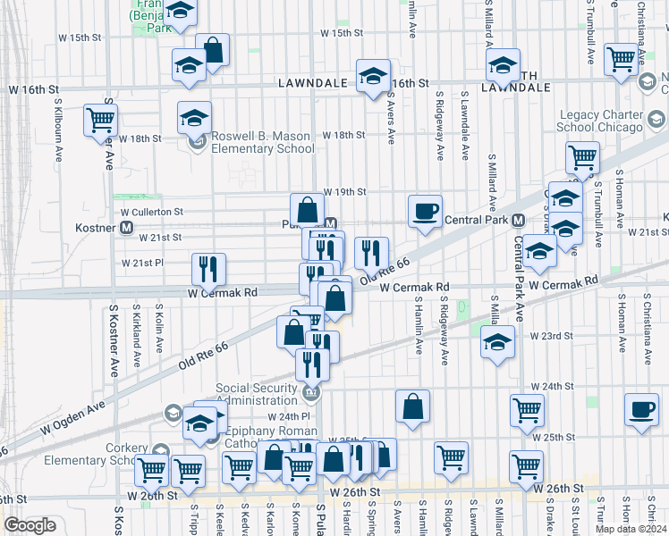 map of restaurants, bars, coffee shops, grocery stores, and more near 2113 South Pulaski Road in Chicago