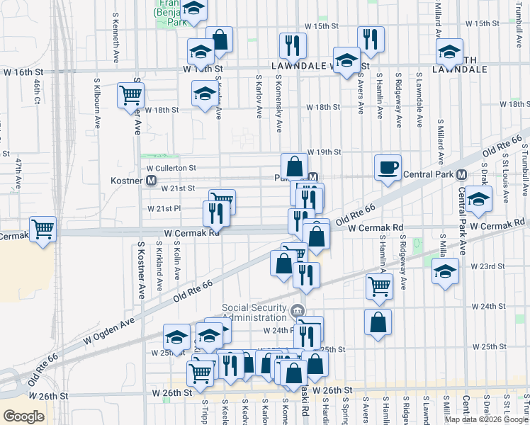 map of restaurants, bars, coffee shops, grocery stores, and more near 4109 West 21st Street in Chicago