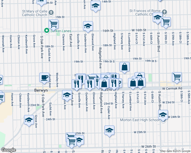 map of restaurants, bars, coffee shops, grocery stores, and more near 1927 Elmwood Avenue in Berwyn