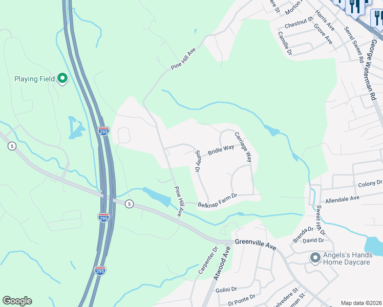 map of restaurants, bars, coffee shops, grocery stores, and more near 21 Surrey Drive in Johnston