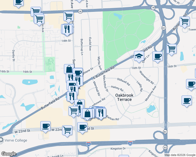 map of restaurants, bars, coffee shops, grocery stores, and more near 17W452 Butterfield Road in Oakbrook Terrace
