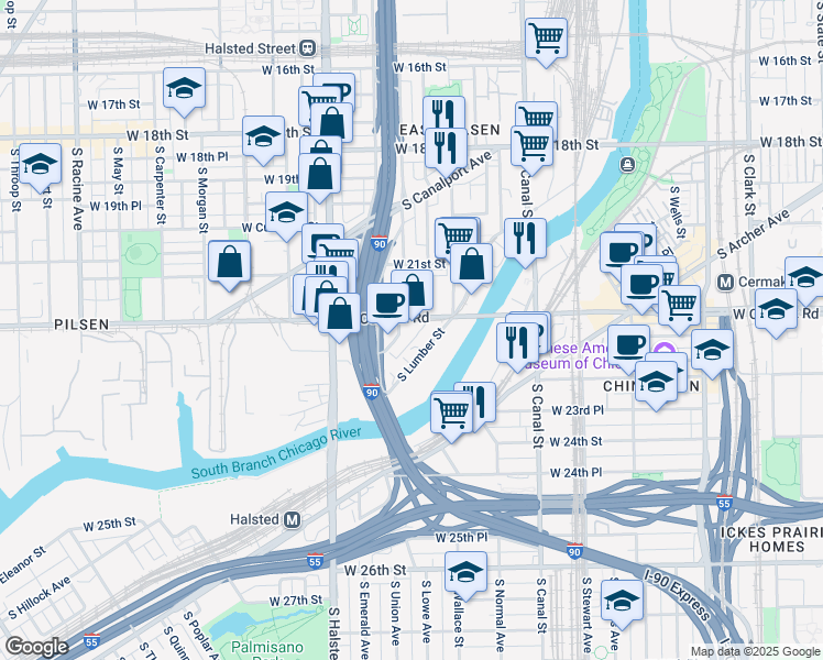 map of restaurants, bars, coffee shops, grocery stores, and more near 648-670 W Cermak Rd in Chicago