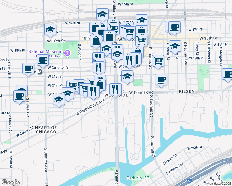 map of restaurants, bars, coffee shops, grocery stores, and more near S Ashland Ave & S Blue Island Ave in Chicago