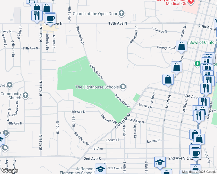 map of restaurants, bars, coffee shops, grocery stores, and more near 700 Springdale Drive in Clinton