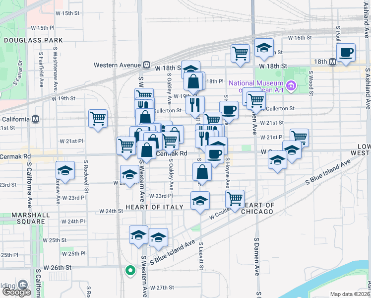 map of restaurants, bars, coffee shops, grocery stores, and more near 2241 West 21st Place in Chicago