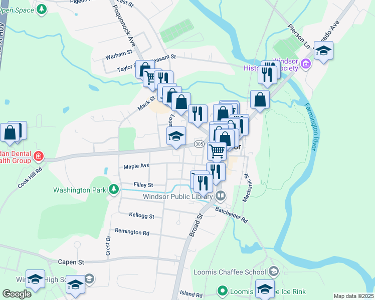 map of restaurants, bars, coffee shops, grocery stores, and more near 50 Bloomfield Avenue in Windsor