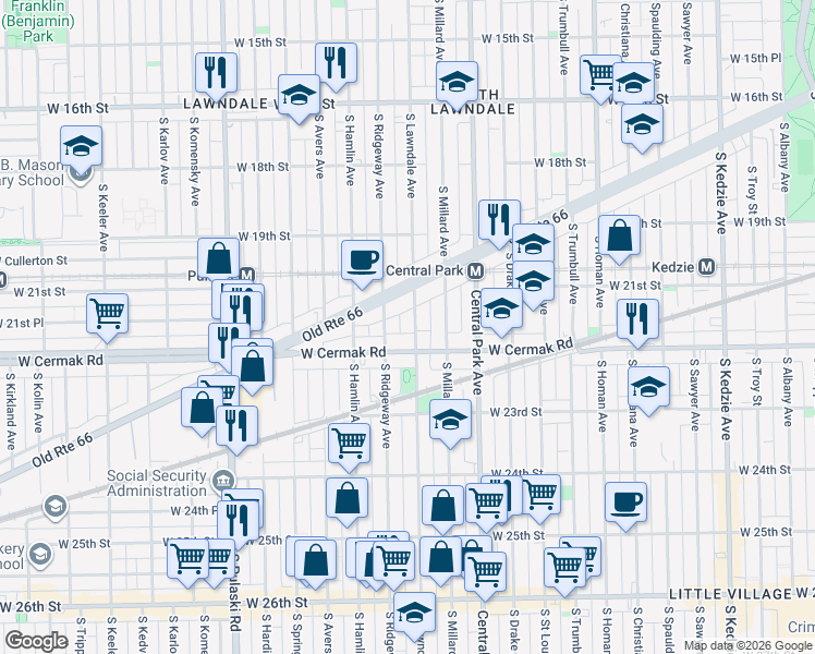 map of restaurants, bars, coffee shops, grocery stores, and more near 3700 West Cermak Road in Chicago