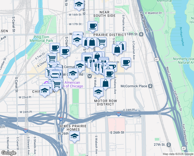 map of restaurants, bars, coffee shops, grocery stores, and more near 46 East Cermak Road in Chicago