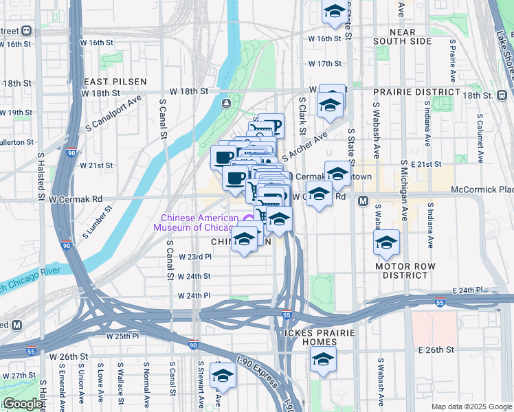 map of restaurants, bars, coffee shops, grocery stores, and more near 230 West Cermak Road in Chicago