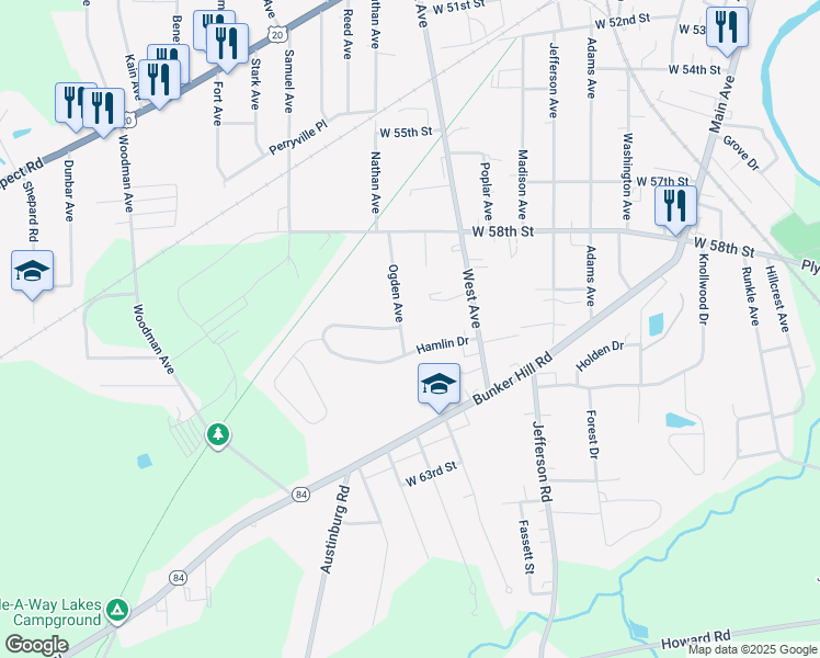 map of restaurants, bars, coffee shops, grocery stores, and more near 5909 Ogden Avenue in Ashtabula