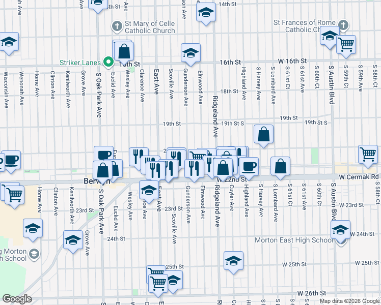map of restaurants, bars, coffee shops, grocery stores, and more near 2101 Gunderson Avenue in Berwyn