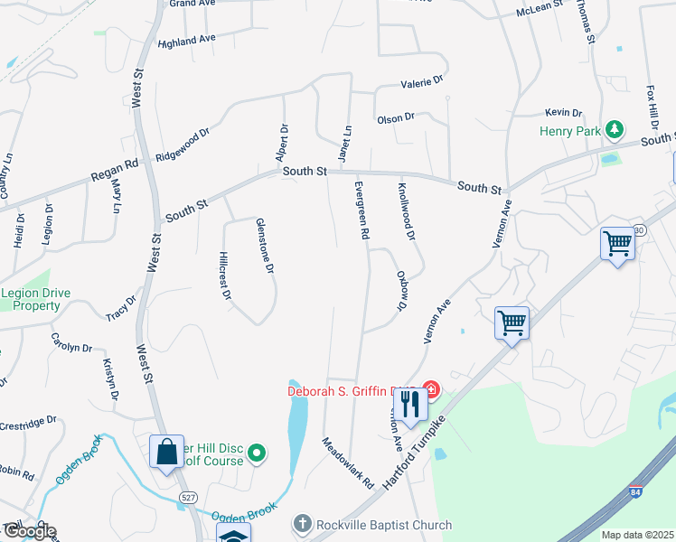 map of restaurants, bars, coffee shops, grocery stores, and more near 22 Jen Drive in Vernon