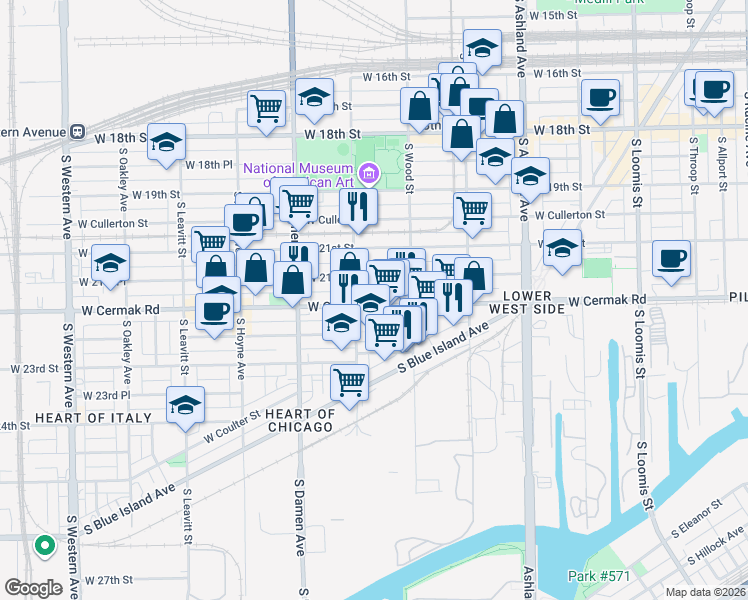 map of restaurants, bars, coffee shops, grocery stores, and more near 1840 West Cermak Road in Chicago
