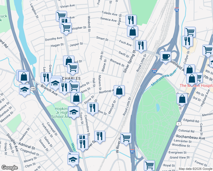 map of restaurants, bars, coffee shops, grocery stores, and more near 45 Vaughan Street in Providence