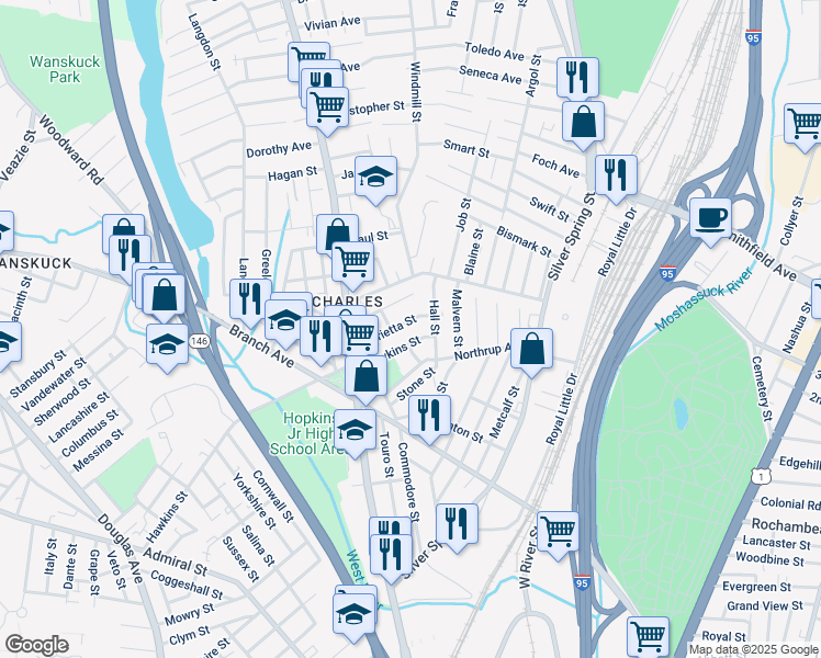 map of restaurants, bars, coffee shops, grocery stores, and more near 70 Marietta Street in Providence