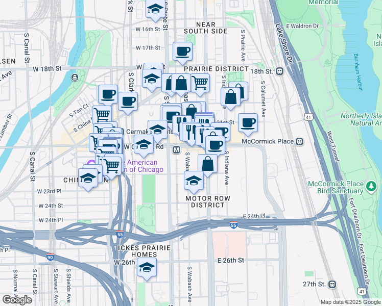 map of restaurants, bars, coffee shops, grocery stores, and more near 46 East Cermak Road in Chicago