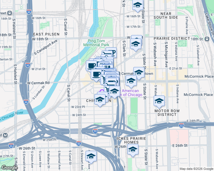 map of restaurants, bars, coffee shops, grocery stores, and more near 230 West Cermak Road in Chicago