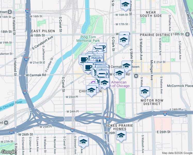 map of restaurants, bars, coffee shops, grocery stores, and more near 230 West Cermak Road in Chicago