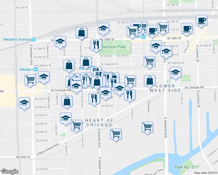map of restaurants, bars, coffee shops, grocery stores, and more near 1956 West 21st Place in Chicago