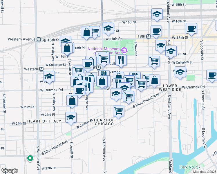 map of restaurants, bars, coffee shops, grocery stores, and more near 1956 West 21st Place in Chicago
