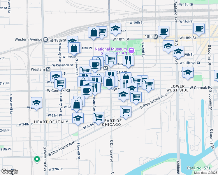 map of restaurants, bars, coffee shops, grocery stores, and more near 2015 West 21st Place in Chicago