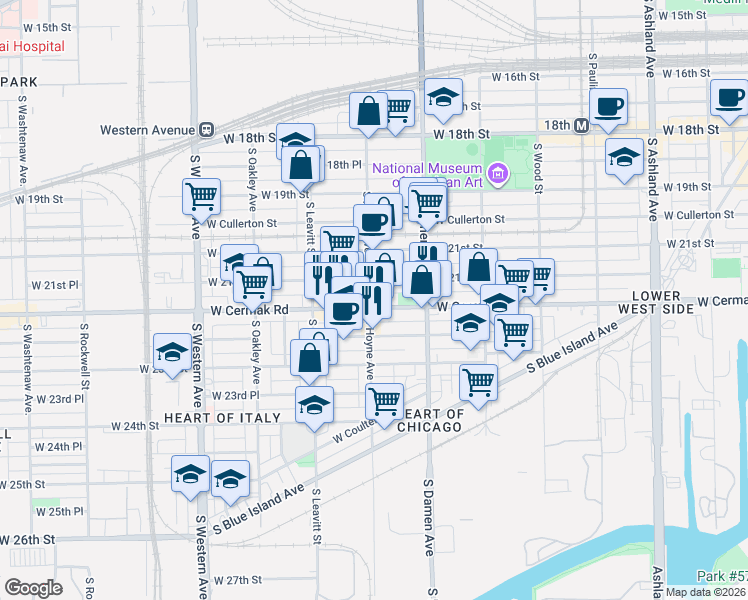 map of restaurants, bars, coffee shops, grocery stores, and more near 2057 West 21st Place in Chicago