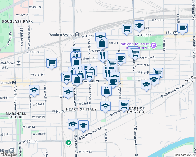 map of restaurants, bars, coffee shops, grocery stores, and more near 2241 West 21st Place in Chicago