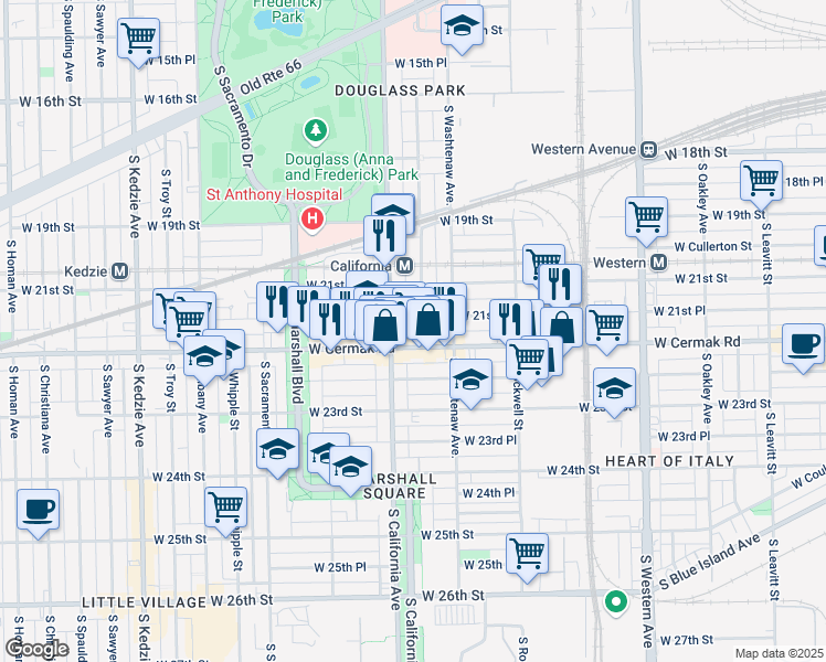map of restaurants, bars, coffee shops, grocery stores, and more near 2122 South Fairfield Avenue in Chicago