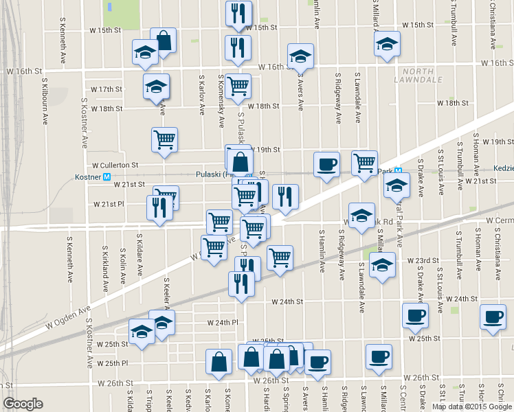 map of restaurants, bars, coffee shops, grocery stores, and more near 2113 South Pulaski Road in Chicago