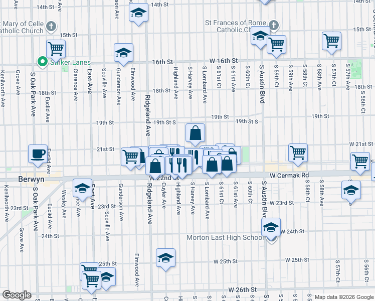 map of restaurants, bars, coffee shops, grocery stores, and more near 1932 South Harvey Avenue in Berwyn