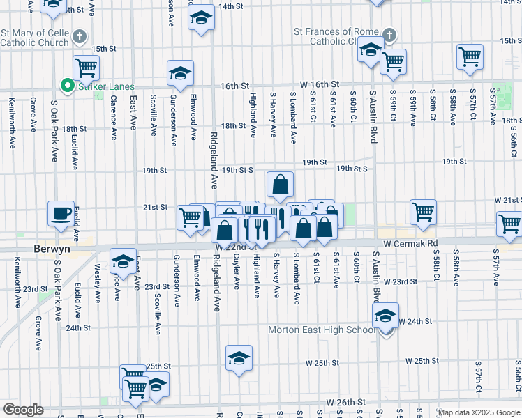 map of restaurants, bars, coffee shops, grocery stores, and more near 1930 Highland Avenue in Berwyn