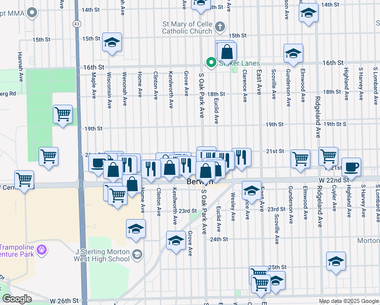 map of restaurants, bars, coffee shops, grocery stores, and more near 1928 Grove Avenue in Berwyn