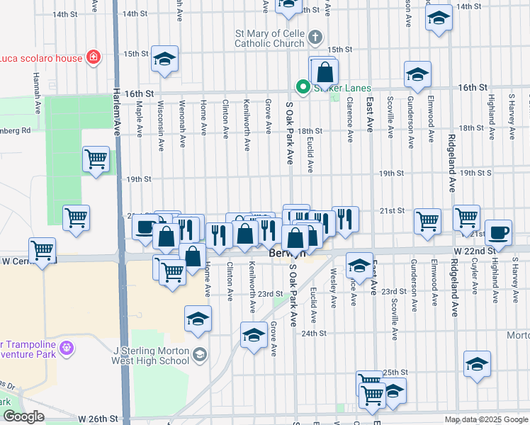 map of restaurants, bars, coffee shops, grocery stores, and more near 1928 Grove Avenue in Berwyn