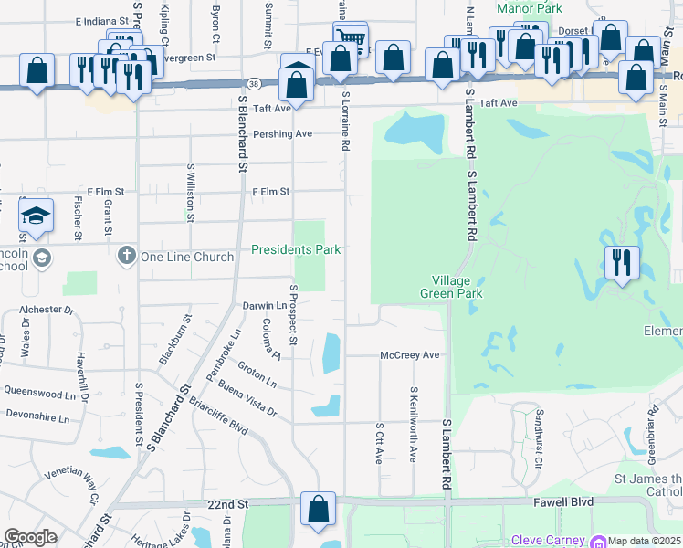 map of restaurants, bars, coffee shops, grocery stores, and more near 1338 South Lorraine Road in Wheaton