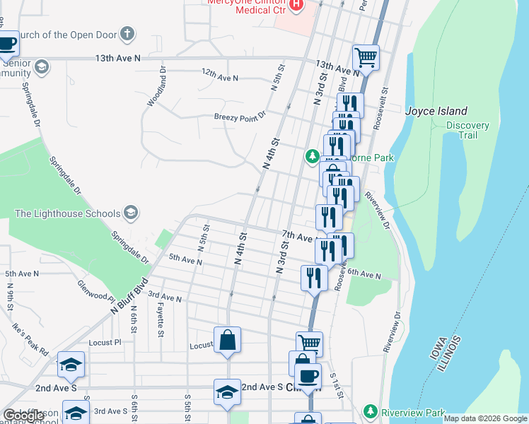 map of restaurants, bars, coffee shops, grocery stores, and more near 314-318 8th Avenue North in Clinton