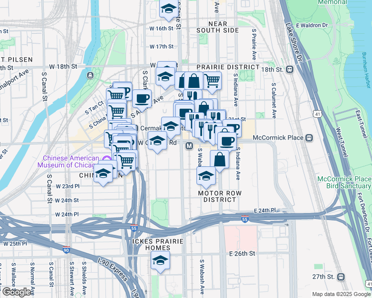 map of restaurants, bars, coffee shops, grocery stores, and more near 2137 South State Street in Chicago