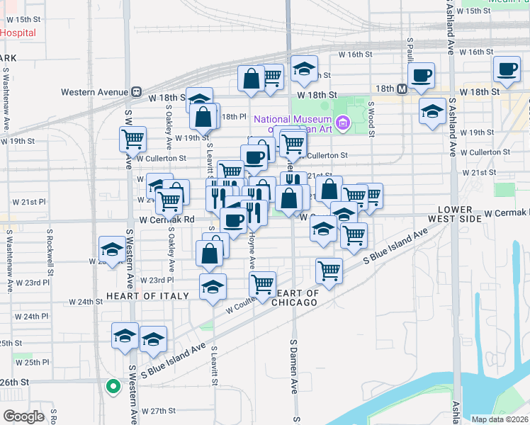 map of restaurants, bars, coffee shops, grocery stores, and more near 2057 West 21st Place in Chicago