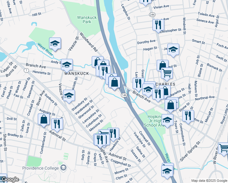 map of restaurants, bars, coffee shops, grocery stores, and more near Branch Avenue in Providence