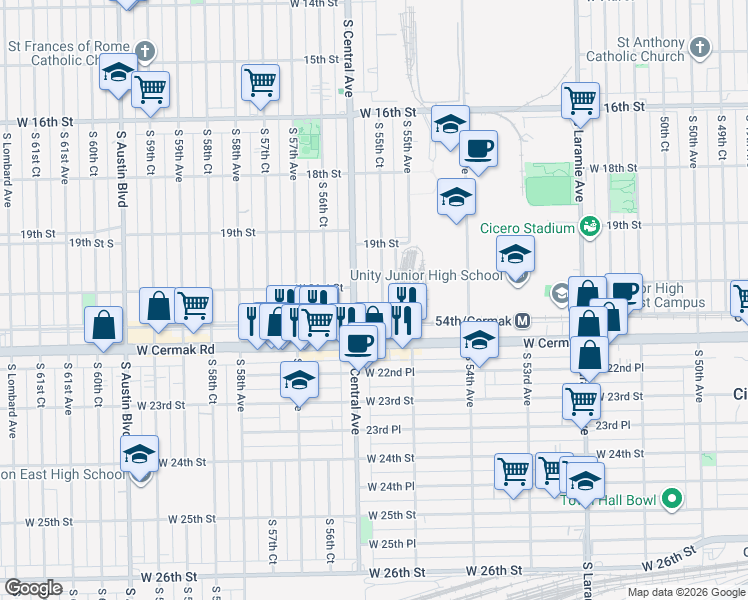map of restaurants, bars, coffee shops, grocery stores, and more near 1929 South Central Avenue in Cicero