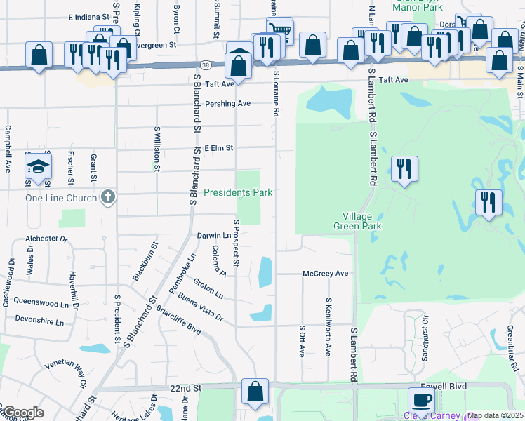 map of restaurants, bars, coffee shops, grocery stores, and more near 1348 South Lorraine Road in Wheaton