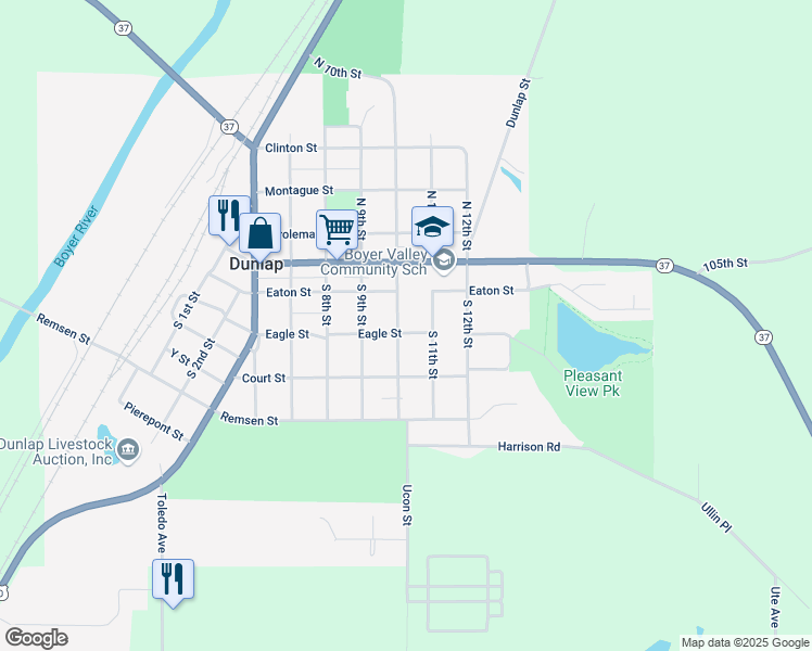 map of restaurants, bars, coffee shops, grocery stores, and more near 910 Eaton Street in Dunlap