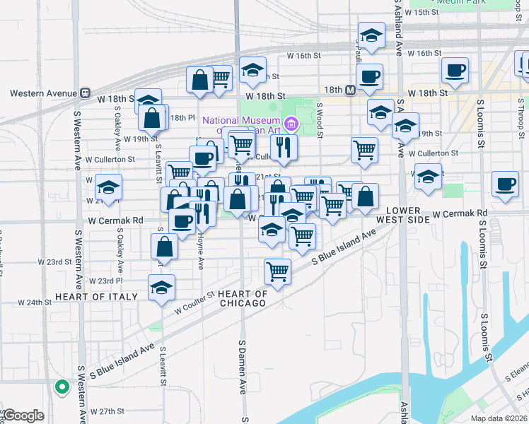 map of restaurants, bars, coffee shops, grocery stores, and more near 1956 West 21st Place in Chicago