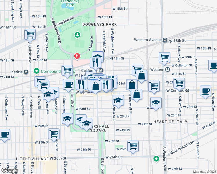 map of restaurants, bars, coffee shops, grocery stores, and more near 2143 South Fairfield Avenue in Chicago