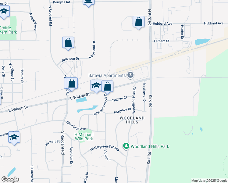 map of restaurants, bars, coffee shops, grocery stores, and more near 1202 East Wilson Street in Batavia