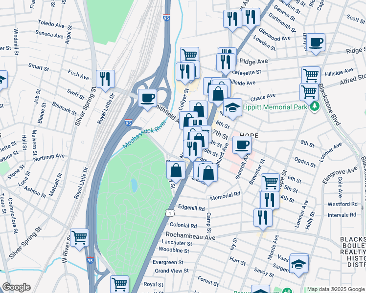 map of restaurants, bars, coffee shops, grocery stores, and more near 100 Nashua Street in Providence