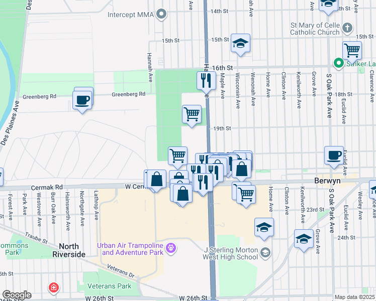 map of restaurants, bars, coffee shops, grocery stores, and more near 1900 S Harlem Ave in North Riverside